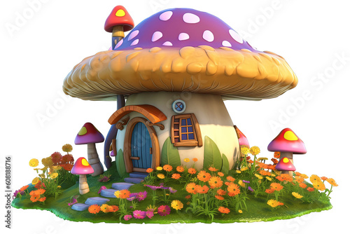 3D Model Cartoon Animated Object - Mushroom House with Flower Bloom Animation Ai Generate and Transparent Background