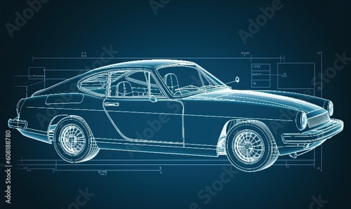 In-depth technical drawing of a car displayed in an informative infographic. Creating using generative AI tools