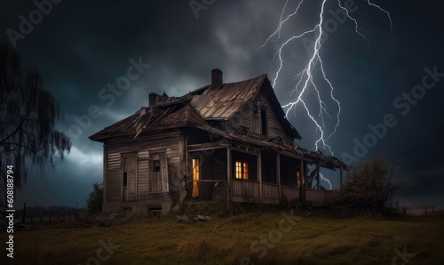 The dilapidated old house, near the dark forest, shudders under lightning's wrath Creating using generative AI tools