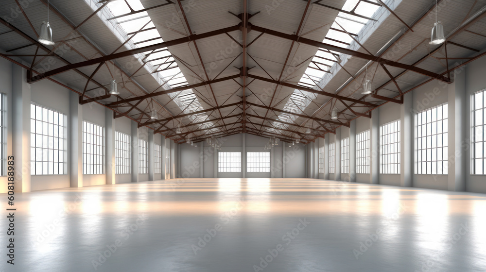 Interior of a Brightly Lit Empty Industrial Warehouse, generative ai