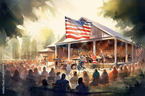 An outdoor concert with a live band performing patriotic songs, watercolor style, independence Day Generative AI