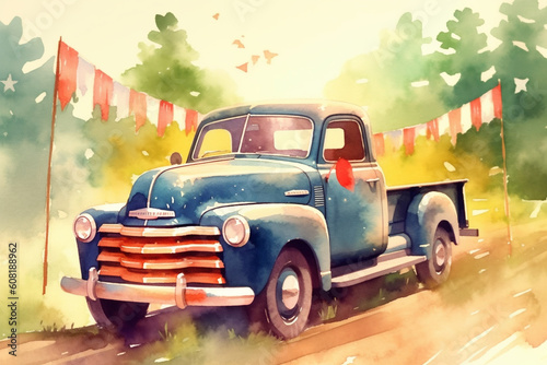 A vintage pickup truck decorated with flags and bunting, watercolor style, independence Day Generative AI