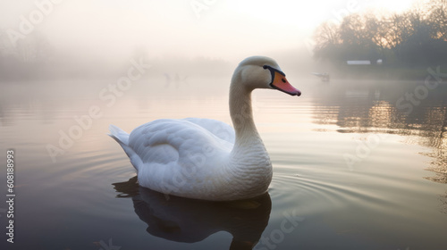 White Swan Swimming on a Lake on a Foggy Morning, generative ai