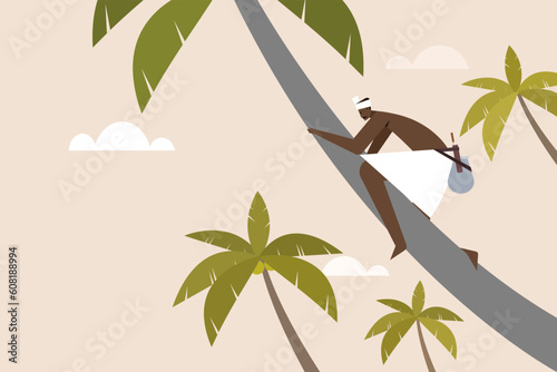 Illustration of a toddy tapper climbing up a coconut trees to collect the sap