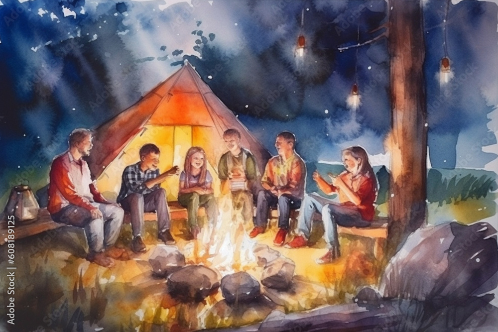 Families gathered around a bonfire, roasting marshmallows and telling stories, watercolor style, independence Day Generative AI