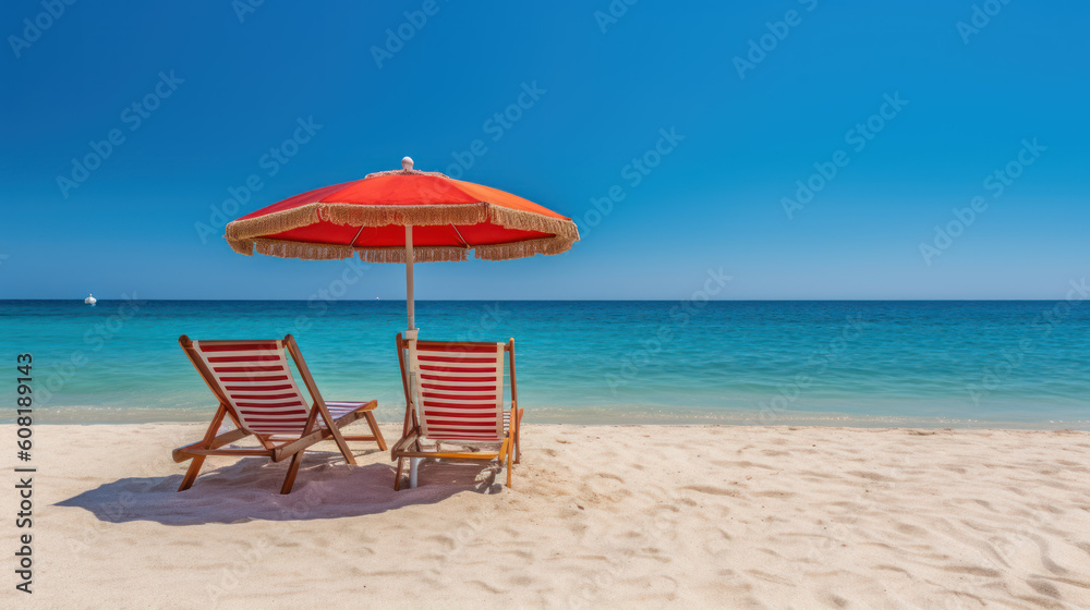 Two Hammocks and a Red Umbrella on the Beach by the Sea on a Clear Summer Day, generative ai