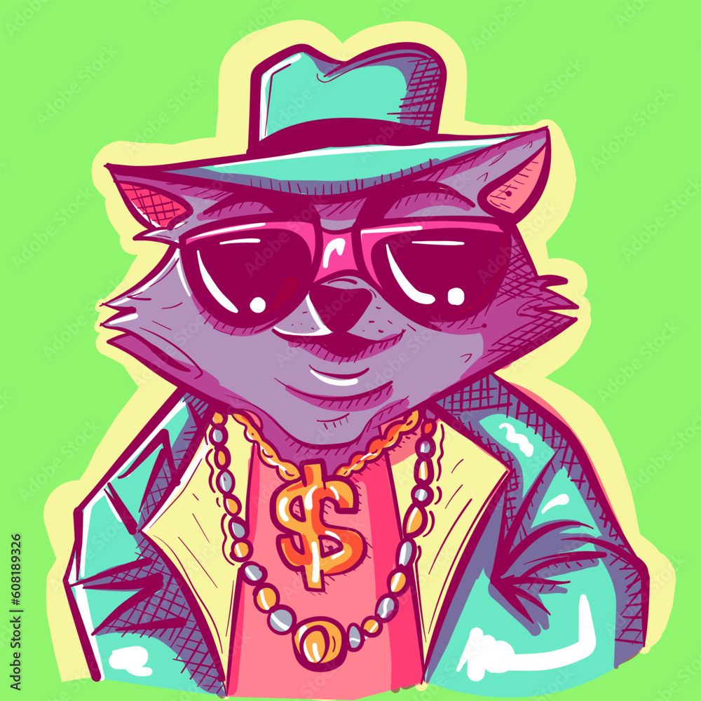 Digital art of a boss raccoon wearing sunglasses, a dollar sign necklace,a fedora and a suit. Gangsta detective animal in cool clothing. Digital art of a boss raccoon wearing sunglasses, a dollar sign necklace,a fedora and a suit. Gangsta detective animal in cool clothing.