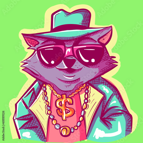 Digital art of a boss raccoon wearing sunglasses, a dollar sign necklace,a fedora and a suit. Gangsta detective animal in cool clothing.