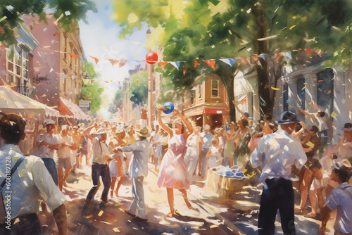 A lively street party with people dancing and celebrating, watercolor style, independence Day Generative AI © Наталья Евтехова