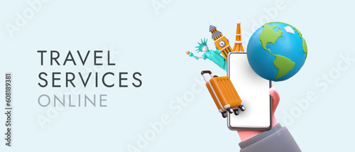 Online travel services. 3d male hand holding smartphone with blank screen. Symbols of travel around world. Globe, suitcase, famous architectural monuments. Modern advertising internet poster