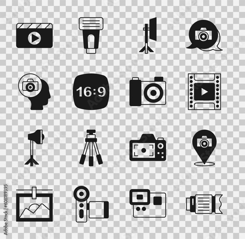 Set Camera photo lens, Photo camera, film roll cartridge, Studio light bulb in softbox, frame 16, Movie clapper and icon. Vector