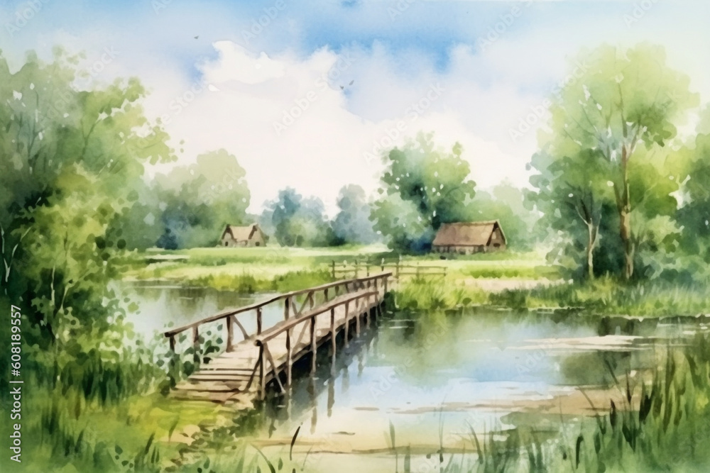 A serene countryside landscape with a peaceful river and a wooden bridge, watercolor style, independence Day Generative AI