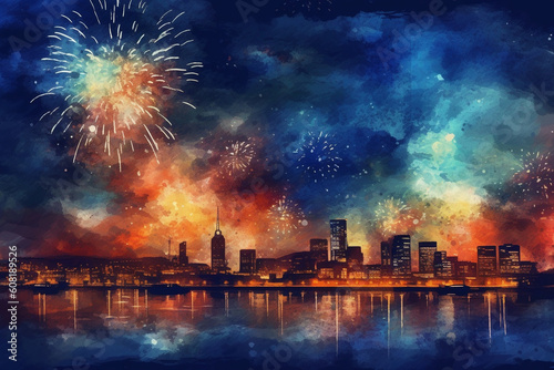 A panoramic view of a city skyline with fireworks lighting up the night, watercolor style, independence Day Generative AI