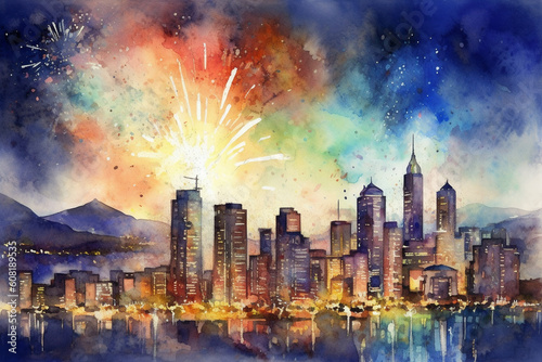 A panoramic view of a city skyline with fireworks lighting up the night  watercolor style  independence Day Generative AI