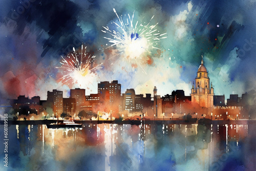 A panoramic view of a city skyline with fireworks lighting up the night, watercolor style, independence Day Generative AI