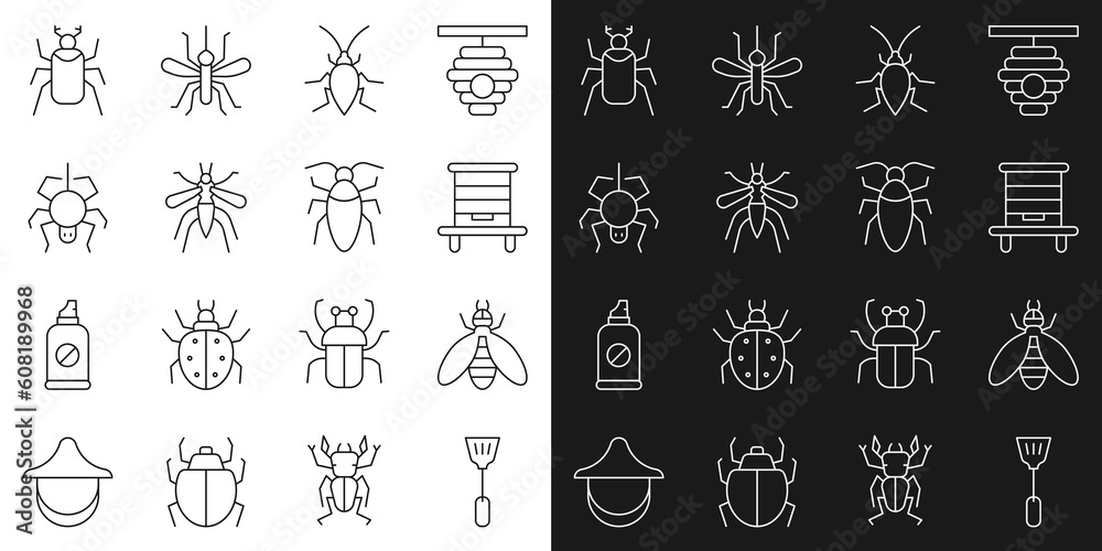 Set line Fly swatter, Bee, Hive for bees, Cockroach, Mosquito, Spider, Beetle bug and icon. Vector Set line Fly swatter, Bee, Hive for bees, Cockroach, Mosquito, Spider, Beetle bug and icon. Vector