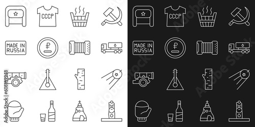 Set line Slavic pagan idol, Satellite, Tanker truck, Sauna bucket, Rouble, ruble currency, Made in Russia, Ushanka and Accordion icon. Vector