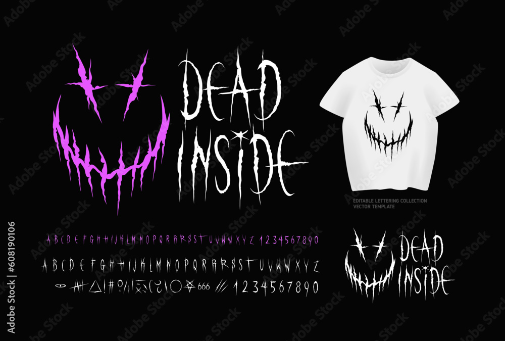 Y2k Dead Inside - Dark Lettering tattoo type font for tee print design.  Trendy type font concept for Grunge Punk Rock and Dead Rock print design. Scary Devil smile print with t-shirt vector mockup