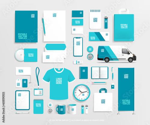 Brand Identity concept with Promotional souvenirs and stationery. Branding stationery mock-up template for corporate style design. Brand presentation mock-up set. Editable vector 