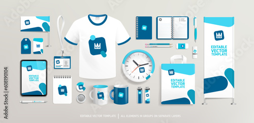 Blue Brand rand Identity concept with Promotional souvenirs design on stationery. Branding stationery mock-up template. Brand presentation mock-up set. Promotion AD materials. Editable vector 