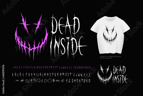 Y2k Dead Inside - Dark Lettering tattoo type font for tee print design.  Trendy type font concept for Grunge Punk Rock and Dead Rock print design. Scary Devil smile print with t-shirt vector mockup