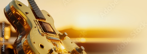 Music banner with close up futuristic beautiful six-string golden electric guitar on blurred sunset landscape. Digital music or concert lesson poster concept. Banner size, copy space. Generative ai