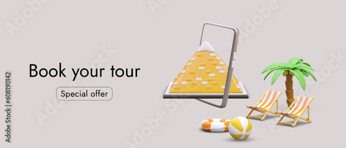 Book your tour. Hot offer from travel agent. Special opportunity in phone application. Bonuses for regular users. Horizontal poster with text, button, 3D illustrations