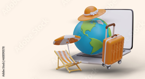First holiday abroad. Selection of best route, beach, entertainment program. Travel agency services. Poster with 3D globe, suitcase, sun hat, beach umbrella, folding chair, open laptop