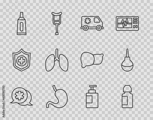 Set line Dialogue with the doctor, Eye drop bottle, Emergency car, Human stomach, Ointment cream tube medicine, Lungs, Hand sanitizer and Enema icon. Vector