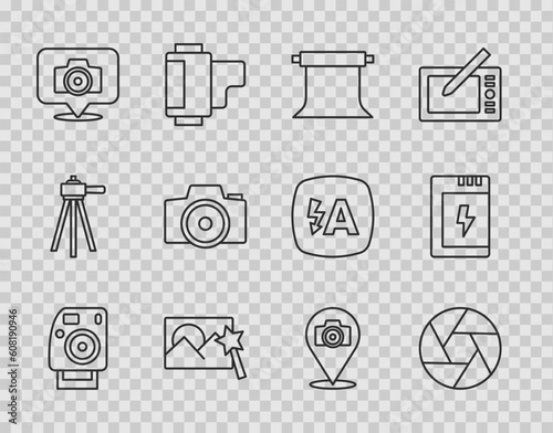 Set line Photo camera, Camera shutter, Empty photo studio, retouching, and Battery for icon. Vector