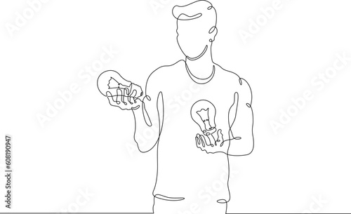 The man came up with an idea. Light bulb idea symbol. A man holds a light bulb.One continuous line. Linear.One continuous line drawn isolated, white background.