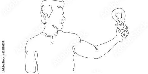 The man came up with an idea. Light bulb idea symbol. A man holds a light bulb.One continuous line. Linear.One continuous line drawn isolated, white background.