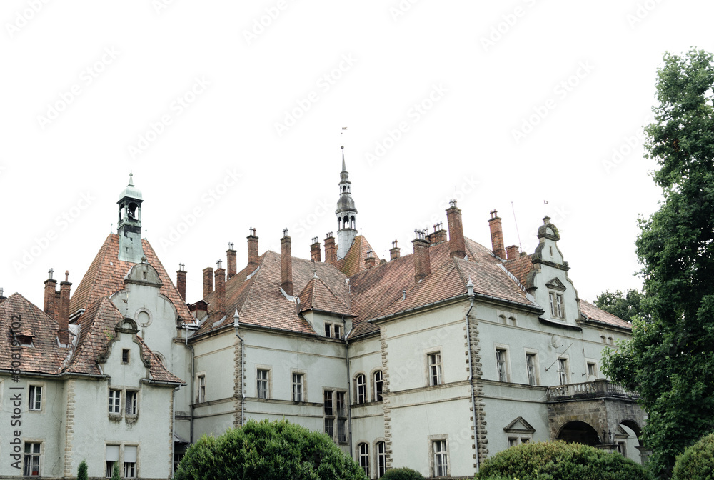 beautiful ancient castle of ukraine. European palace of the 19th century. castle roof