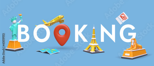 Booking tours around world. Poster with large inscription on colored background. Title with 3D figures instead of letters. Modern advertising template of tourist site, application