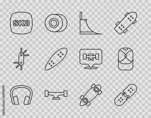 Set line Headphones, Broken skateboard deck, Skate park, Skateboard wheel, Longboard or, and Baseball cap icon. Vector