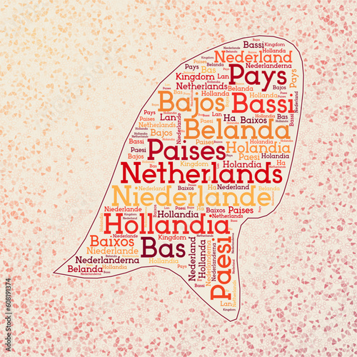 Netherlands shape with country names word cloud in multiple languages. Netherlands border map on neat triangles scattered around. Stylish vector illustration.