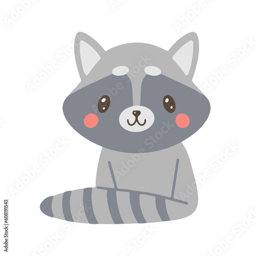 Cute Hand Drawn racoon. Print with grey racoon. Nursery Art, kids design. Infantile Style. Cartoon Vector Illustration for Wall Art, Baby Card.