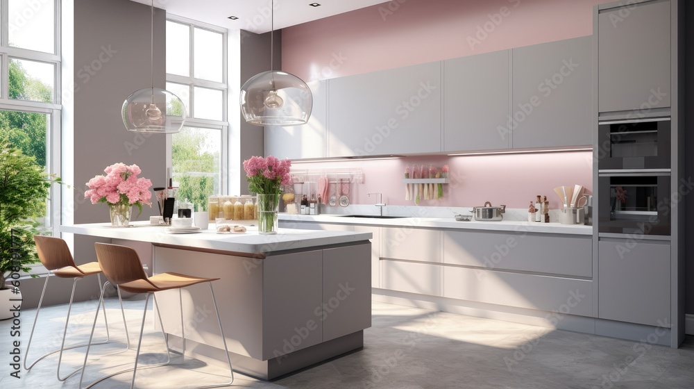 Fototapeta premium interior of spacious kitchen in a minimalist style, in light tones and fiery wind window. generative AI image