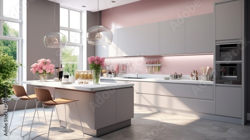 interior of spacious kitchen in a minimalist style, in light tones and fiery wind window. generative AI image