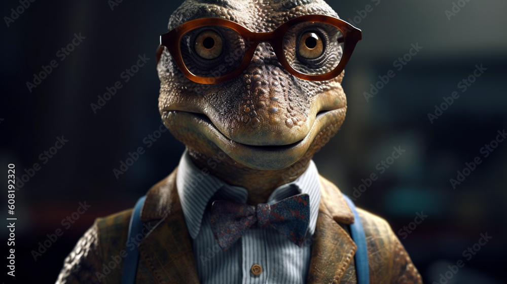 A close-up portrait of a cute dinosaur wearing a stylish suit. Generative AI