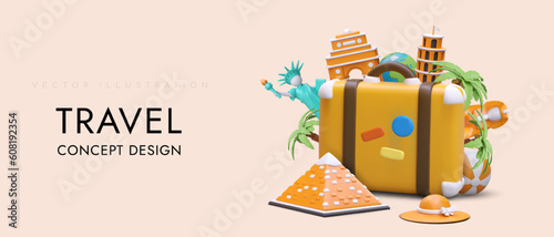 Full vacation. Many impressions from tourist trip. Large selection of activities on travel. Complete package of services from tourist agency. Horizontal poster with complex 3D composition