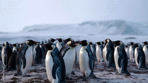 A flock of realistic imperial penguins. Generative AI © We3 Animal