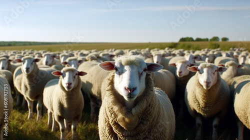 A flock of funny sheep gathered on green pasture. Generative AI