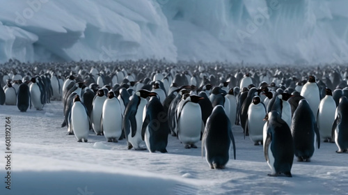 A flock of realistic imperial penguins. Generative AI