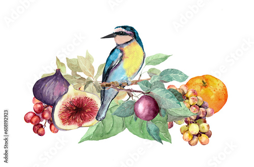 Blue exotic bird with summer fruits on branch with green leaves. Watercolor drawing, summer card beautiful illustration