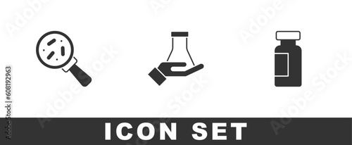Set Microorganisms under magnifier, Test tube and flask and icon. Vector
