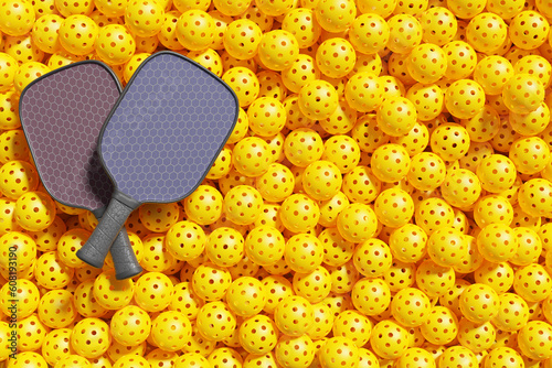 Two pickleball rackets lie on top of a large pile of yellow sports balls. 3D rendering photo