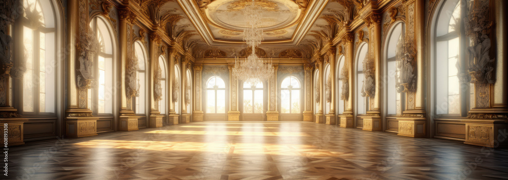 A classic extravagant European style palace room with gold decorations. wide format, Hand edited generative AI.  - obrazy, fototapety, plakaty 