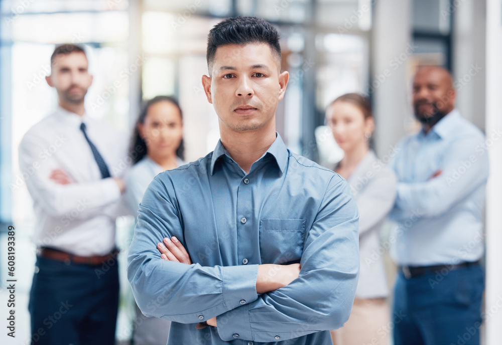 Leadership, business people in portrait arms crossed at startup with confidence and pride at management company. Teamwork, commitment and vision for confident team with support and leader in office.