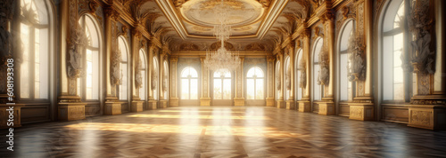 A classic extravagant European style palace room with gold decorations. wide format, Hand edited generative AI. 